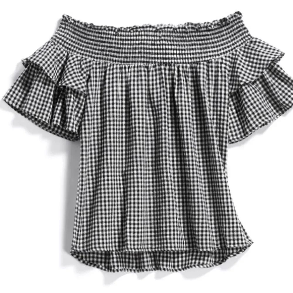 LAJU Off Shoulder Gingham Top Smocked Neck Ruffle Sleeve Black White Stitch Fix
